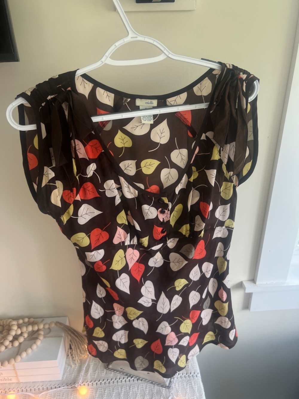 Odille Black Leaf-Print Blouse with Red, Pink & Green Leaves